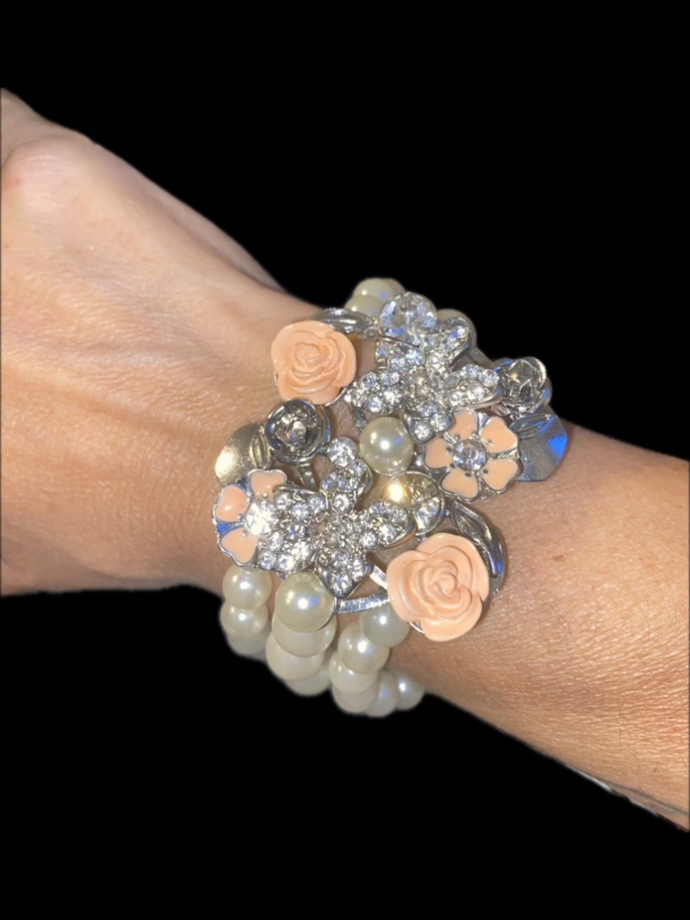 Pearl and Crystal Floral Bracelet with Peach Rose Accents
